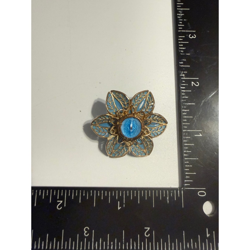 Vintage Blue Enamel Flower Brooch Virgin Mary Miraculous Medal Gold Tone Pin